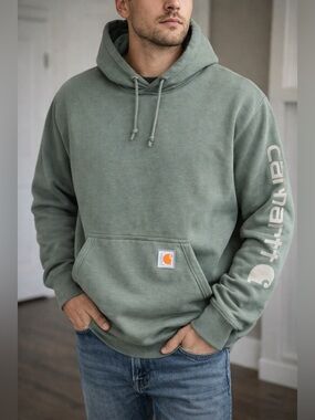 Carhartt Hoodie Green Logo Sleeve Pullover Sweatshirt Workwear Streetwear Size S